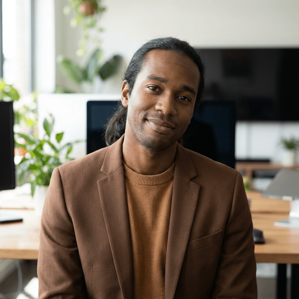 Daniel Okafor, office manager, smiling in a modern office