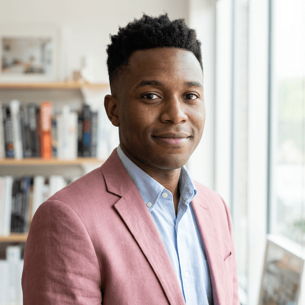 Man in his mid 30s, Black, friendly and relaxed, casual service-business style