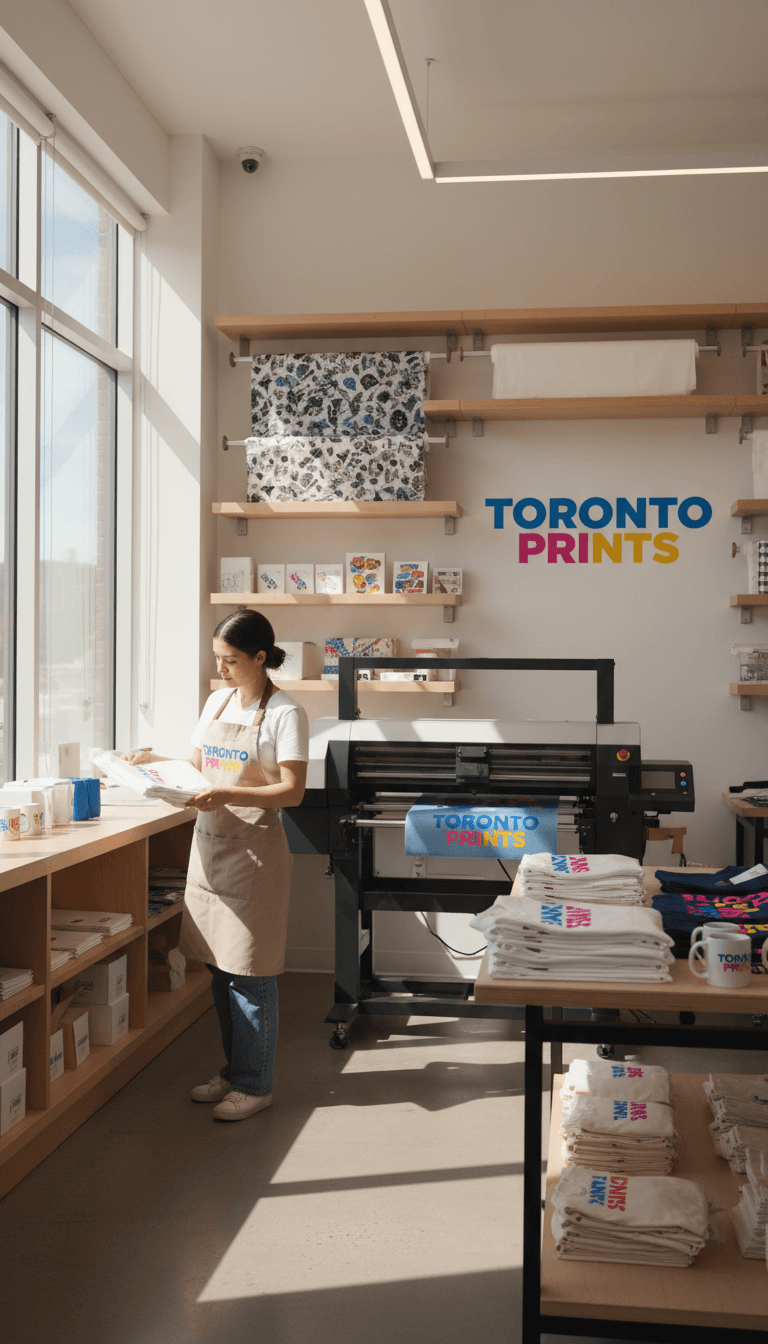 Custom printing workspace with stacked apparel and printed merchandise