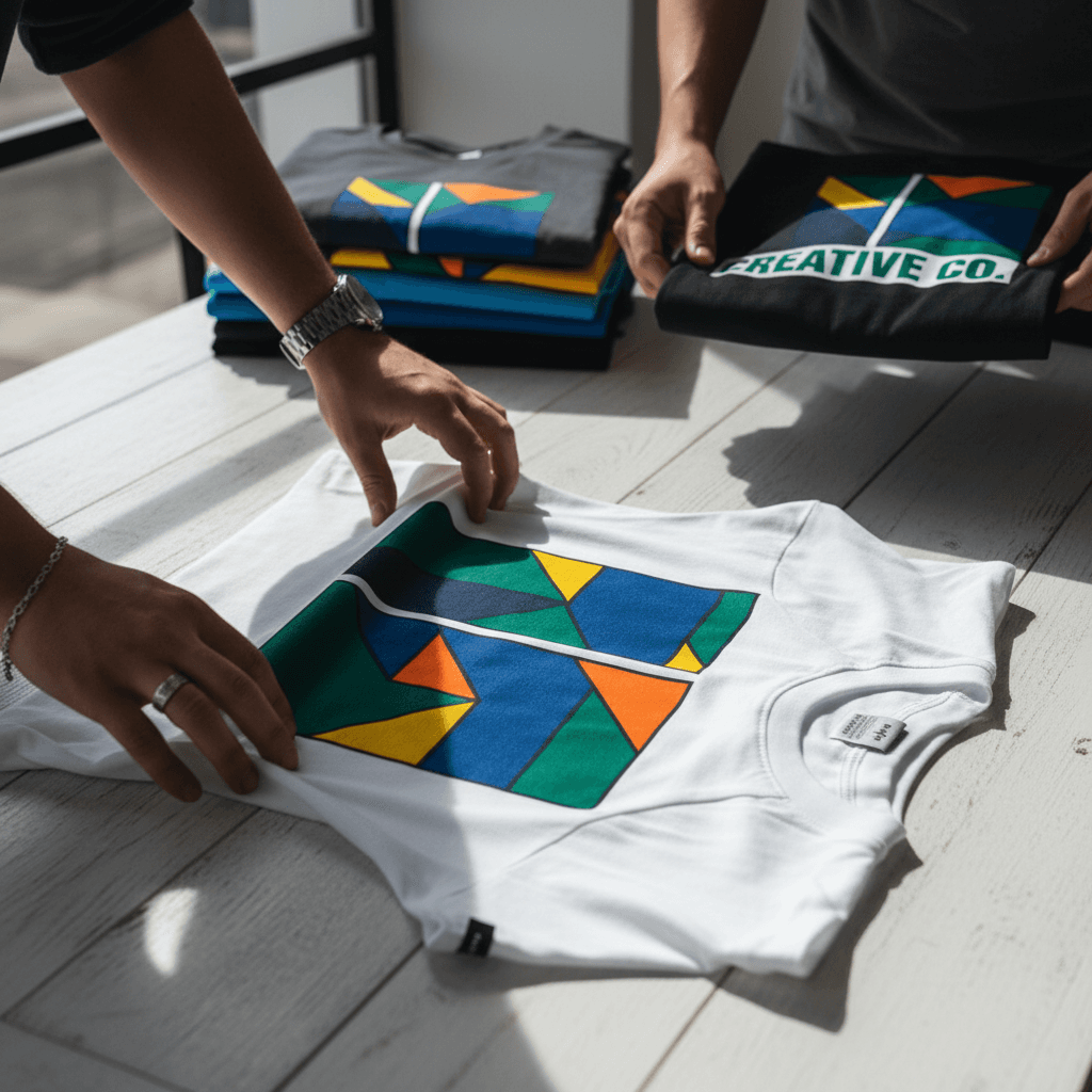 Stack of custom printed shirts and totes ready for delivery