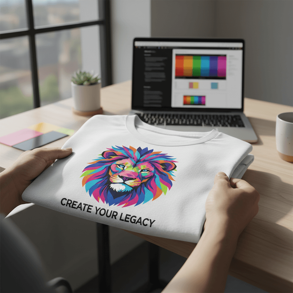Stack of freshly printed custom t-shirts in a Toronto printing shop