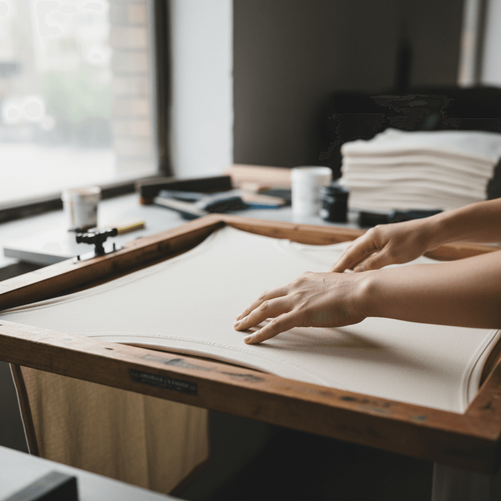 Hands comparing fabric and paper samples on a print shop worktable